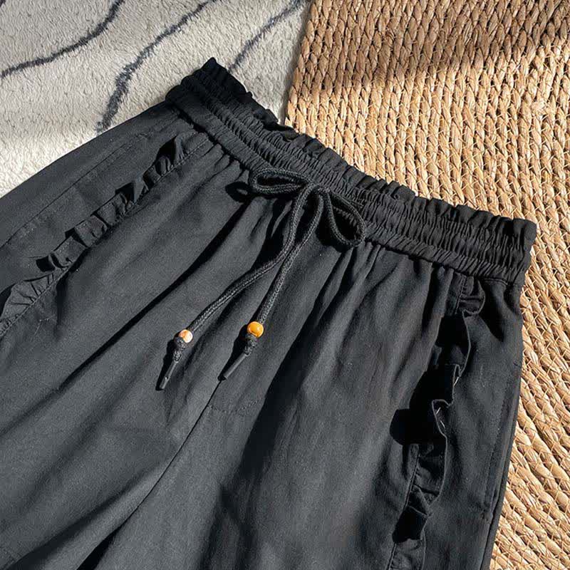Buddha Stones Summer Drawstring Ruffle Elastic Waist Women's Shorts With Pockets