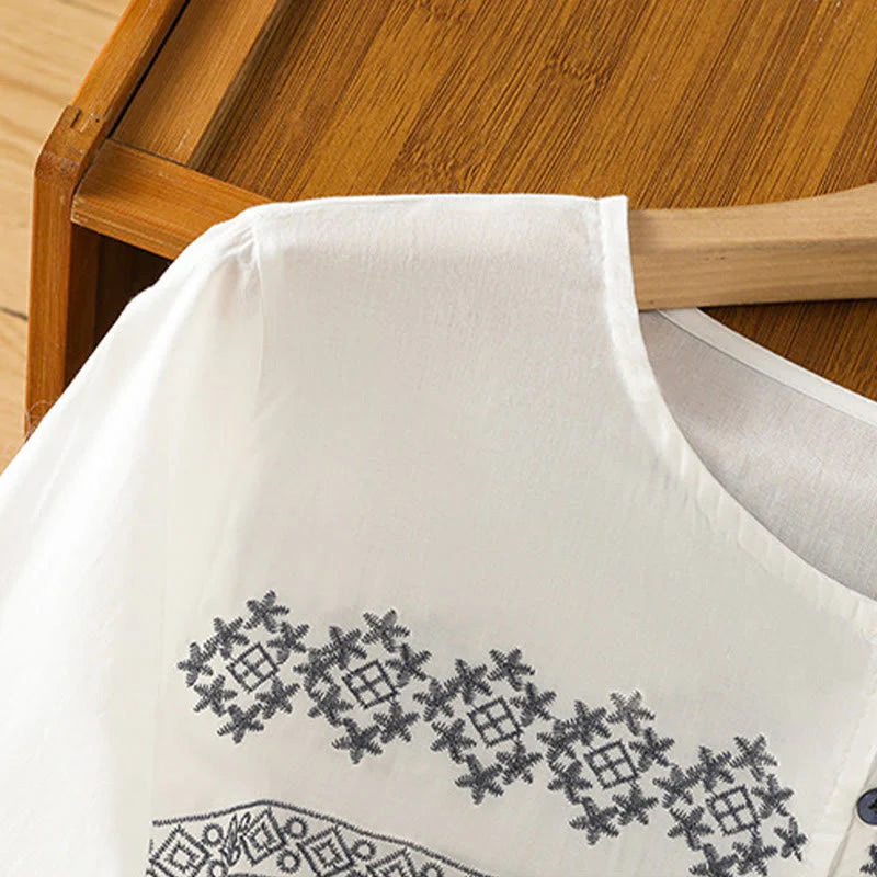 Buddha Stones Embroidery Pleated Buttons Long Lantern Sleeve Women's Cotton Shirt