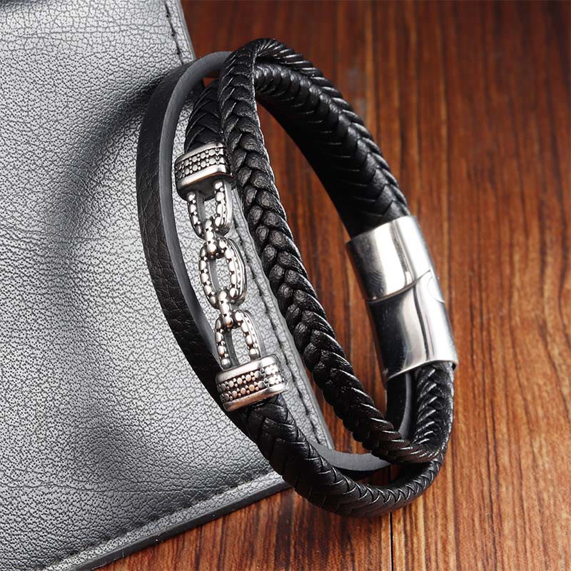 Buddha Stones Handmade Chain Link Design Titanium Steel Leather Strengthen Bracelet