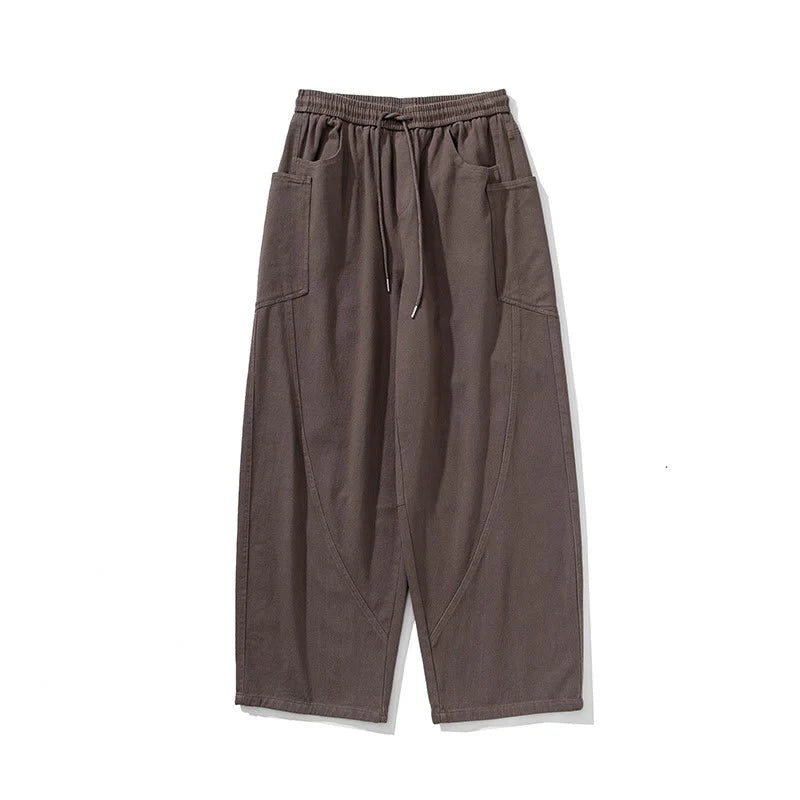 Buddha Stones Fall Pure Color Men's Wide Leg Cotton Drawstring Pants With Pockets