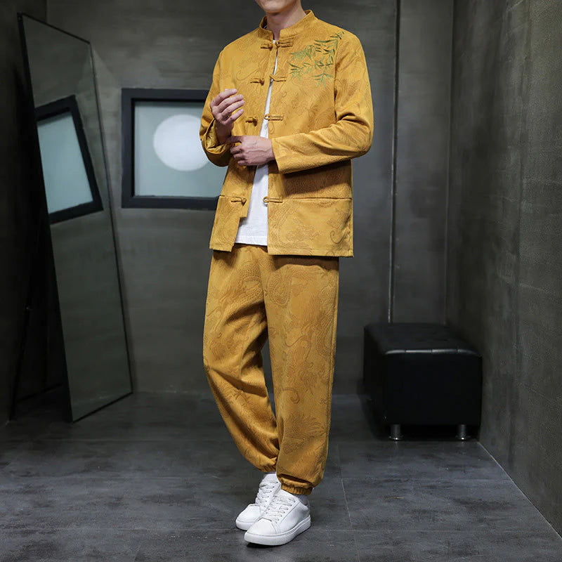 Buddha Stones 2Pcs Spring Dragon Bamboo Clouds Men's Tang Suit Frog-Button Cotton Long Sleeve Jacket Pants Set With Pockets