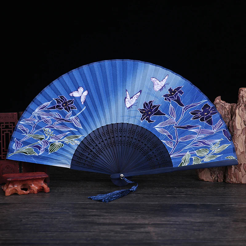 Buddha Stones Cherry Blossom Lily Butterfly Bamboo Handheld Bamboo Folding Fan 21cm