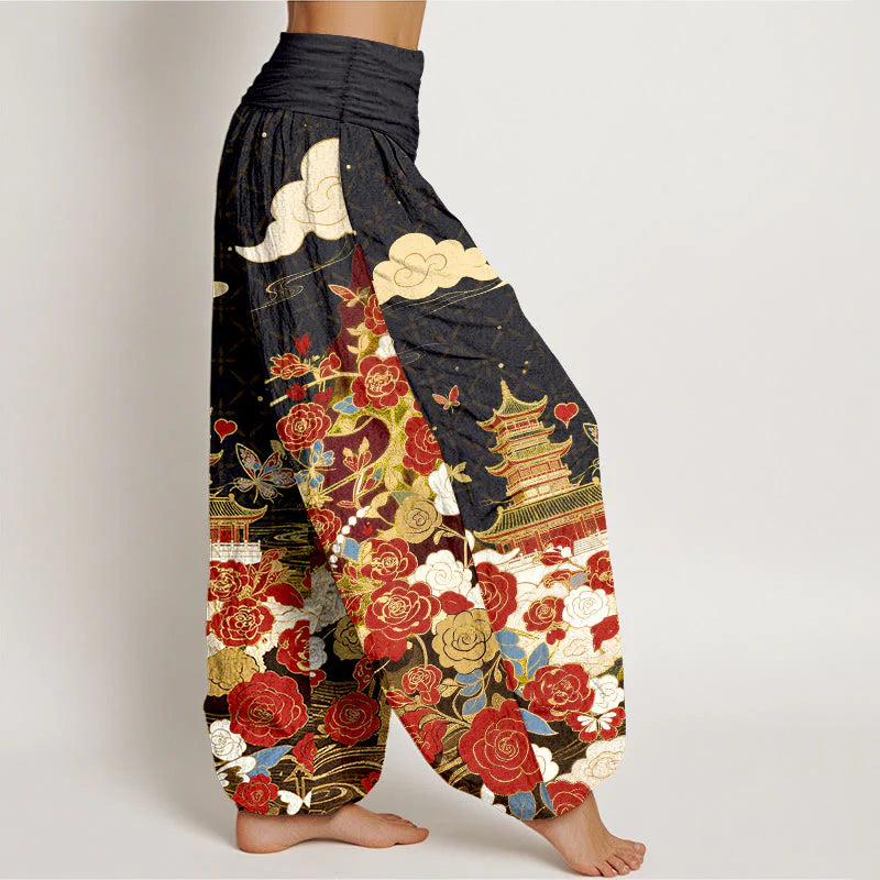Buddha Stones Cotton Butterfly Rose Pagoda Heart Pattern Women's Elastic Waist Harem Pants