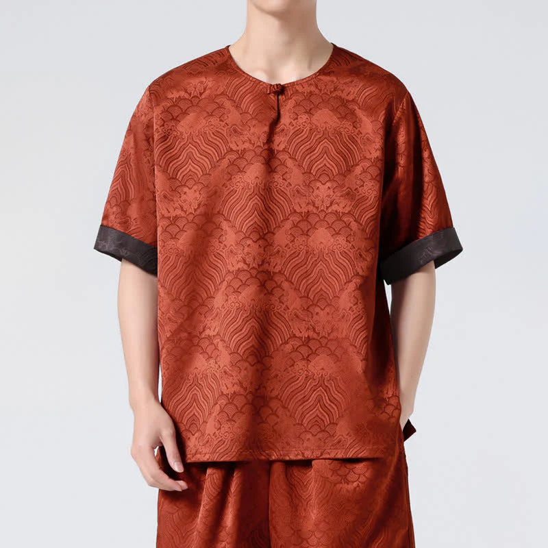 Buddha Stones Summer Retro Crackle Auspicious Cloud Pattern Short Sleeve Men's T-shirt