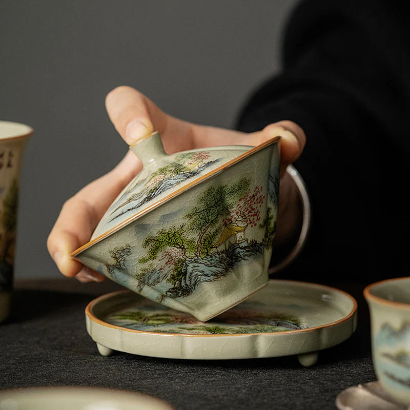 Buddha Stones Pine Mountain Forest Landscape Ceramic Gaiwan Sancai Teacup Kung Fu Tea Cup And Saucer With Lid (Extra 35% Off | USE CODE: FS35)