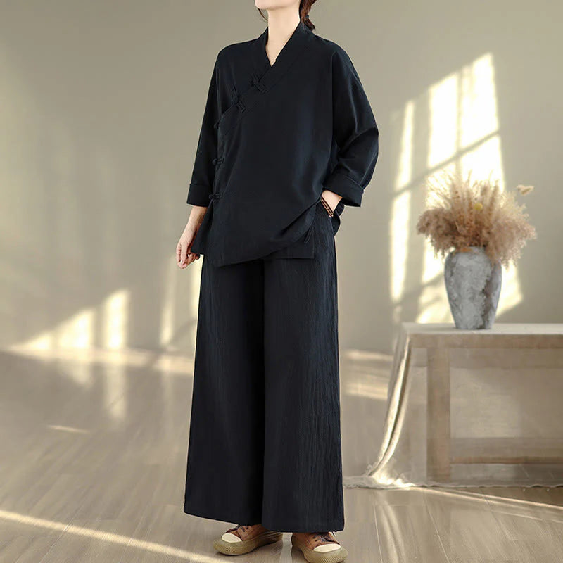 Buddha Stones 2Pcs V-Neck Long Sleeve Shirt Wide Leg Pants Zen Meditation Women's Set