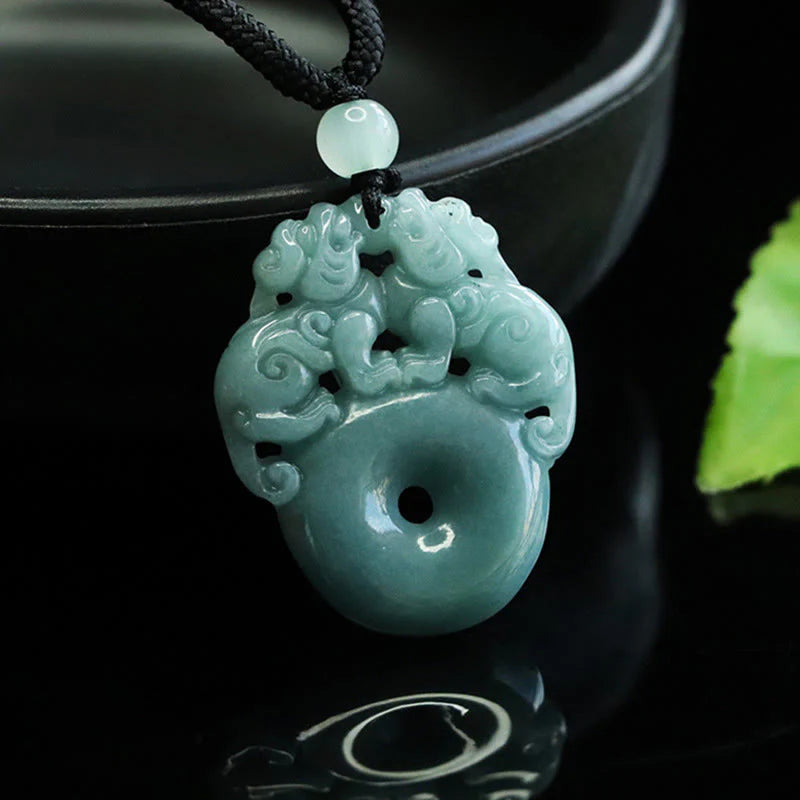 Buddha Stones Double PiXiu Jade Peace Buckle Wealth Luck String Necklace Pendant