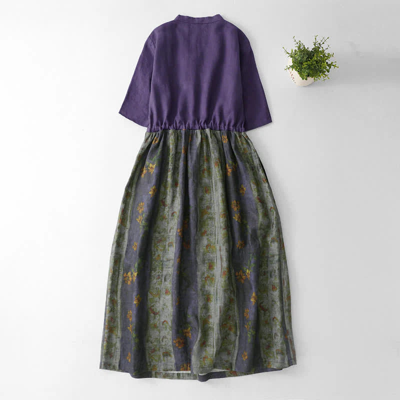 Buddha Stones Summer V Neck Drawstring Waist Floral Short Sleeve Below Knee Dress With Pockets