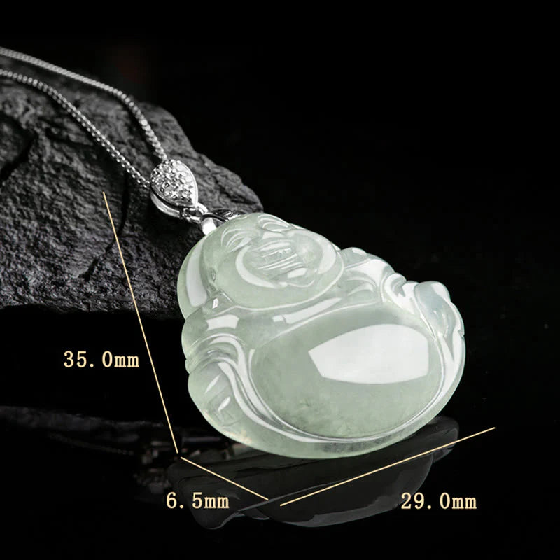 Buddha Stones Natural Jade Laughing Buddha Prosperity Abundance Titanium Steel Chain Necklace Pendant
