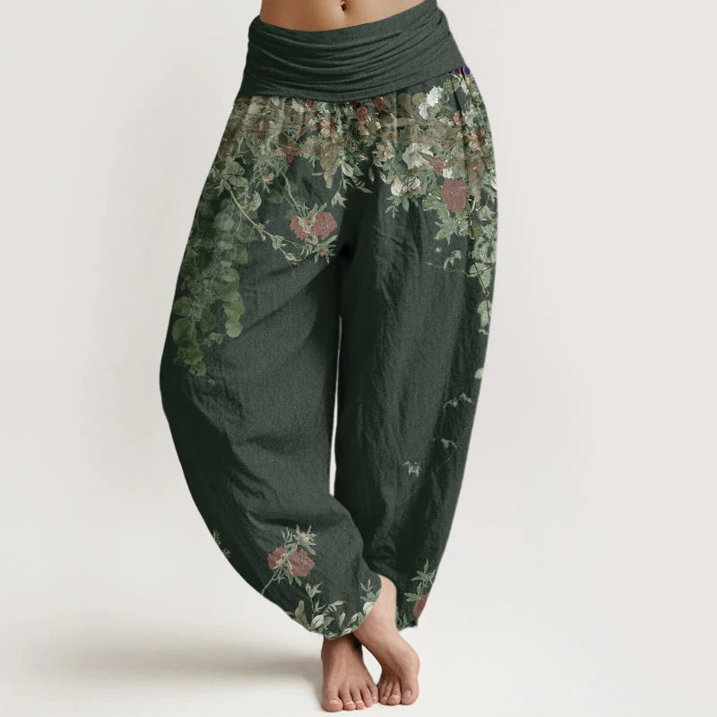 Buddha Stones Cotton Casual Red Peony Flower Vine Design Women's Elastic Waist Harem Pants