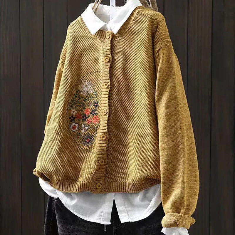Buddha Stones Floral Embroidery Buttons Cotton Women's Long Sleeve Knitted Cardigan Sweater