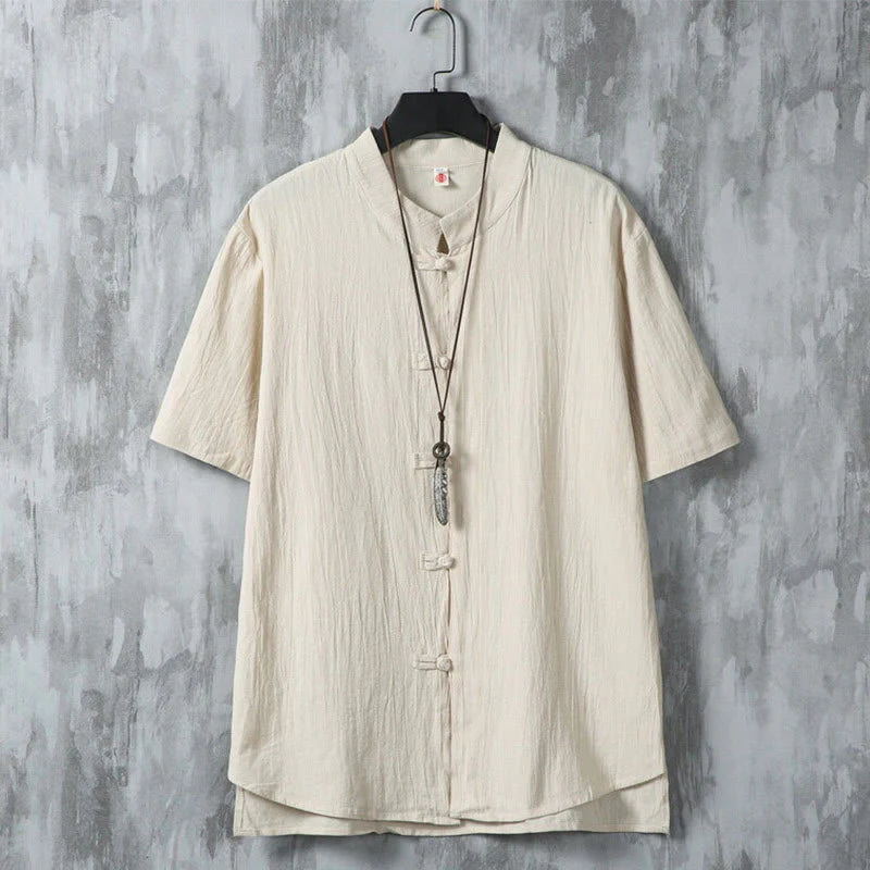 Buddha Stones Daily Casual Plain Chinese Frog-Button Men's Short Sleeve Cotton Linen Shirt