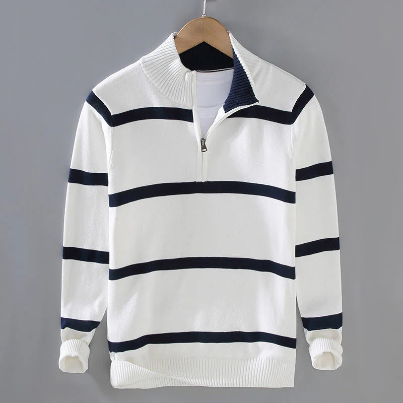 Buddha Stones Color Contrast Striped Half Zipper Design Cotton Men's Long Sleeve Sweater