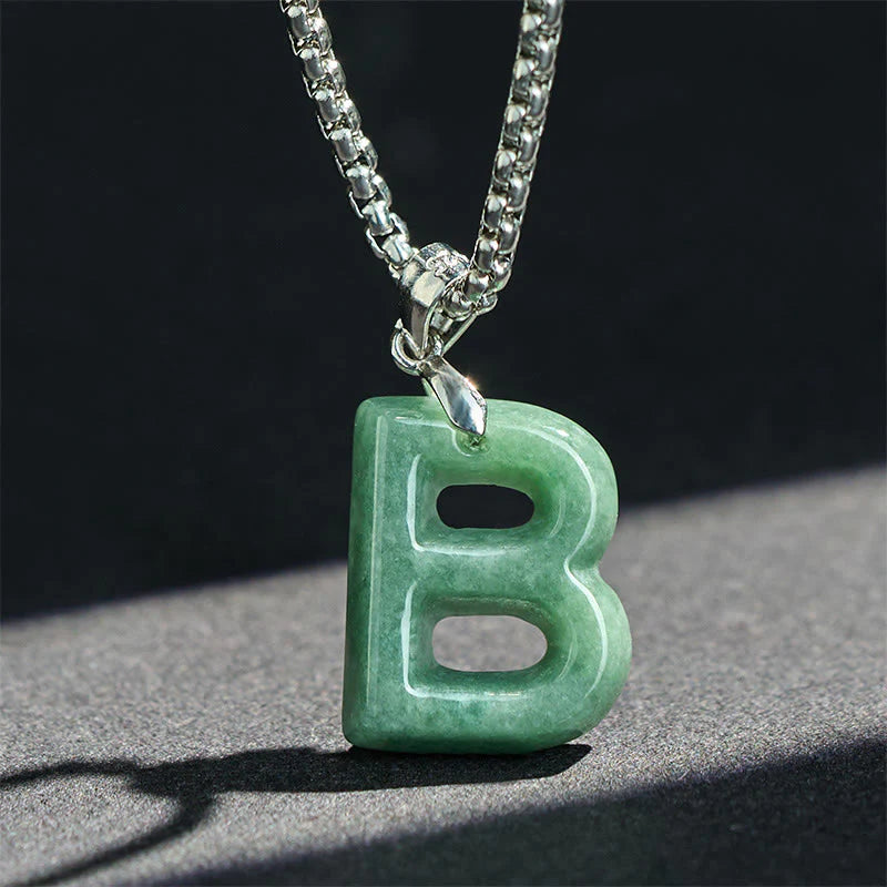 Buddha Stones Natural A-Z Letter Jade Titanium Steel Wide Chain Prosperity Necklace Pendant