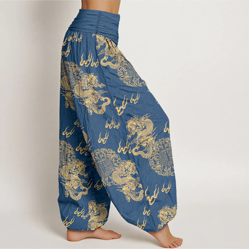 Buddha Stones Pure Cotton Double Dragon Cloud Pattern Women's Elastic Waist Harem Pants