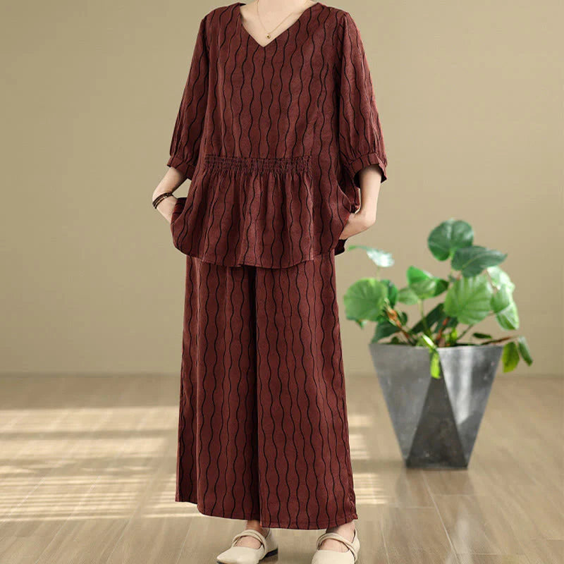 Buddha Stones 2pcs Striped Pattern Short Sleeve Shirt Polyester 7 Length Harem Pants Set With Pocket