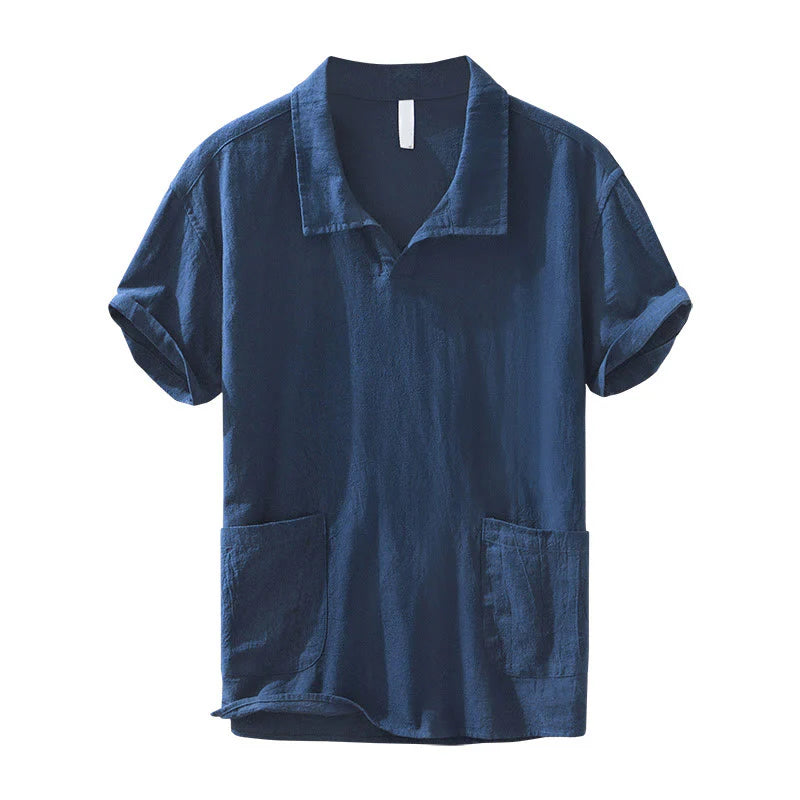 Buddha Stones Vintage Plain Simple Design Men's Short Sleeve Cotton Linen Shirt Clothing With Pockets