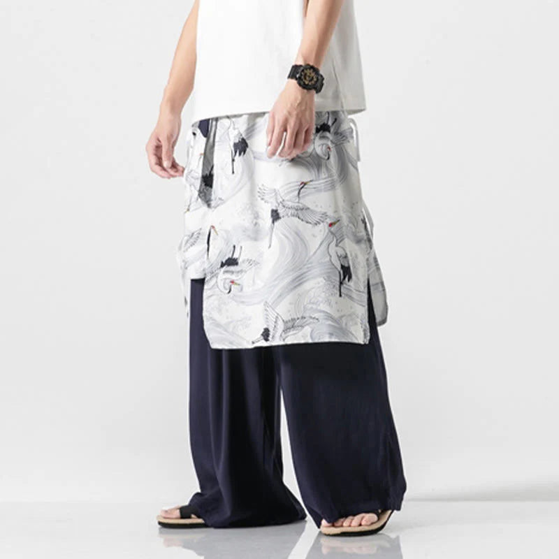 Buddha Stones Summer Flying Crane Design Cotton Men's Wide Leg Pants With Pockets