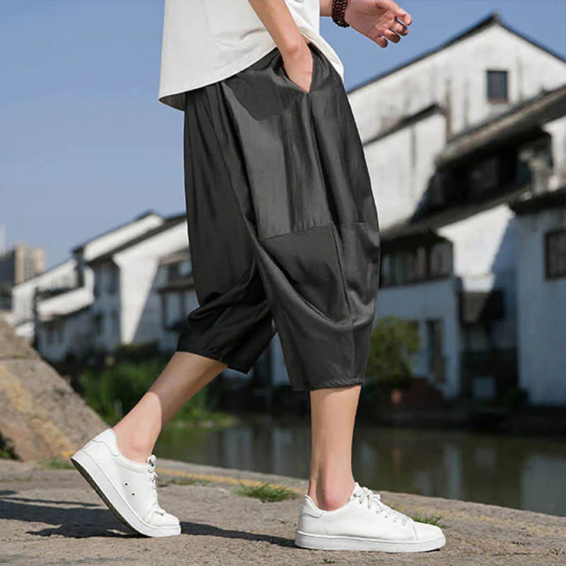 Buddha Stones Summer Elastic Waist Drawstring Solid Color Half Men's Tapered Pants With Pockets