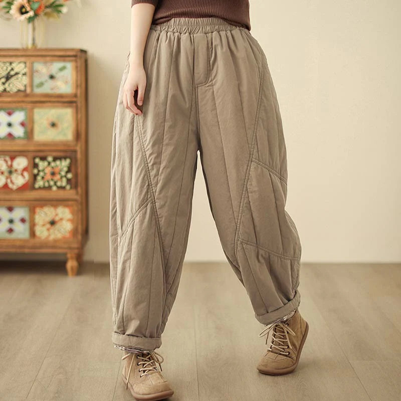 Buddha Stones Winter Plain High Waist Cotton Women's Harem Thermal Elastic Waist Pants With Pockets