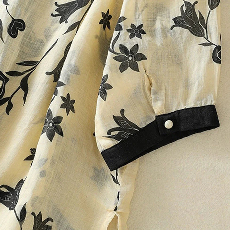 Buddha Stones Printing Floral Buttons Color Contrast Half Sleeve Women's Shirt