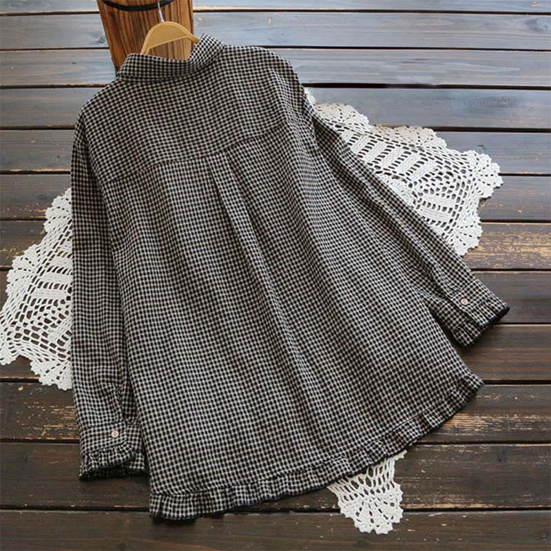 Buddha Stones Spring Plaid Ruffled Hem Design Long Sleeve Women's Cotton Buttons Shirt