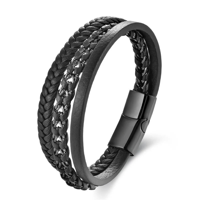 Buddha Stones Braided Design Titanium Steel Calm Multi-layer Leather Buckle Bracelet