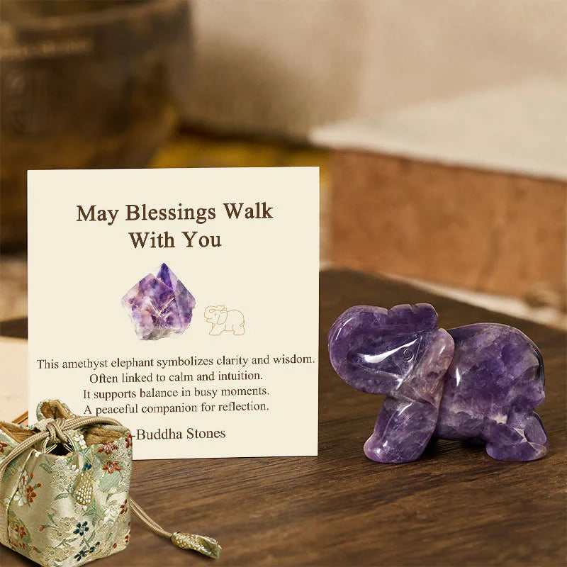 Buddha Stones ''May Blessings Walk With You'' Natural Small Elephant Amazonite Amethyst Jade Black Obsidian Stone Decoration Includes Gift Message Card
