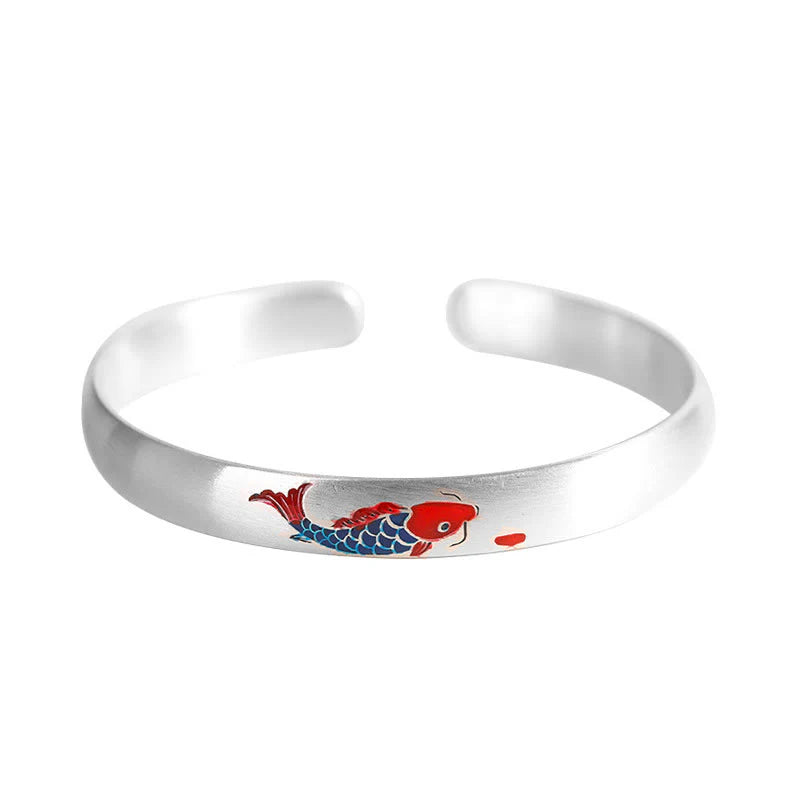 Buddha Stones 999 Sterling Silver Koi Fish Luck Cuff Bracelet Bangle