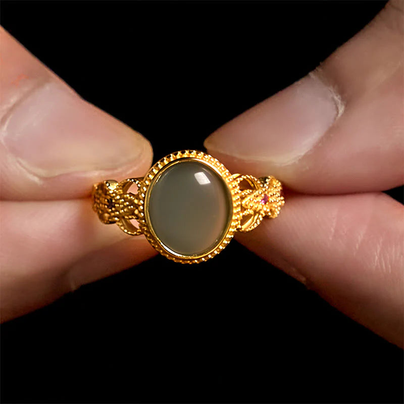 Buddha Stones Natural 925 Sterling Silver Plated Gold Hollow Design Jade Luck Ring