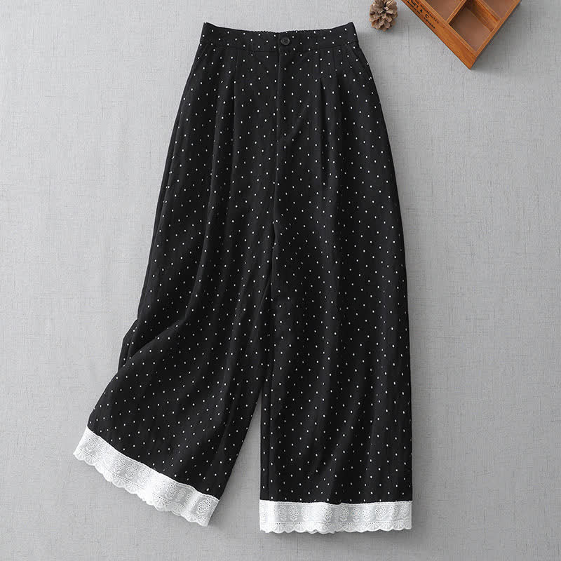 Buddha Stones Polka Dot Lace Patchwork Cotton Women's Wide Leg Capri Pants With Pockets