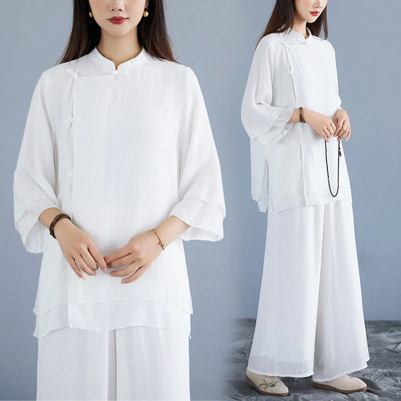 Buddha Stones 2Pcs Solid Color White Frog-Button Three Quarter Sleeve Shirt Wide Leg Pants Meditation Zen Clothing Women's Set