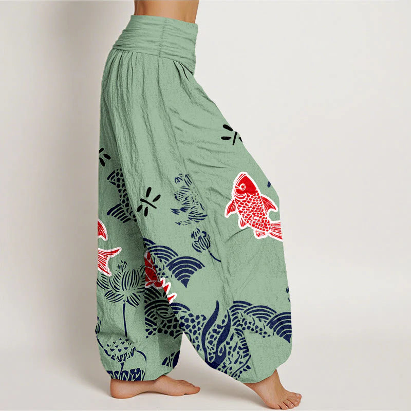 Buddha Stones Pure Cotton Koi Fish Lotus Flowers OceanÂ Women's Elastic Waist Harem Pants