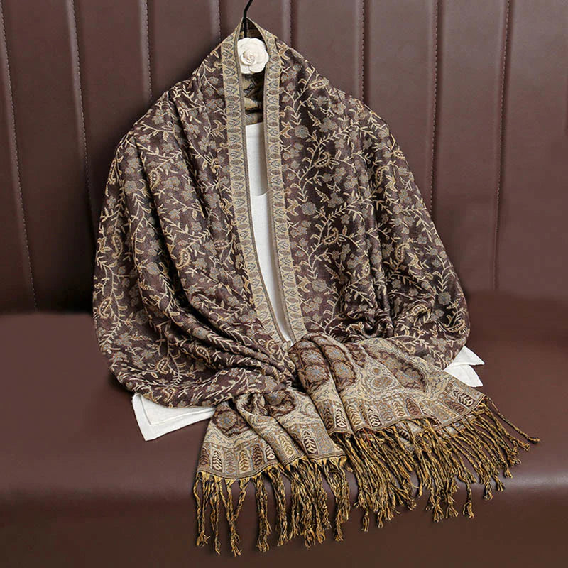 Buddha Stones Tibetan Jacquard Paisley Flower Pattern Color Contrast Design Tassel Cozy Scarf Shawl