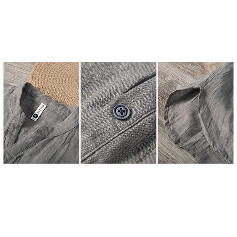 Buddha Stones Solid Color Short Sleeve Half Button Shirt Cotton Linen Men Clothing
