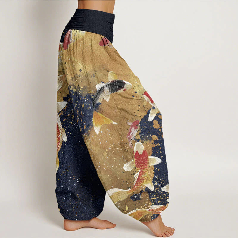 Buddha Stones Cotton Casual Koi Fish Gold Ink Background Pattern Women's Elastic Waist Harem Pants