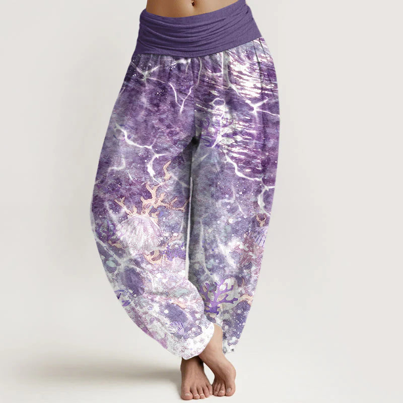 Buddha Stones Cotton Lively Ocean Seashells Coral Pattern Women's Elastic Waist Harem Pants