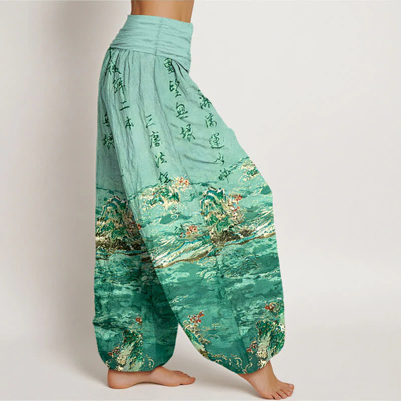 Buddha Stones Gradient Calligraphy Landscape High Waist Women's Harem Pure Cotton Pants