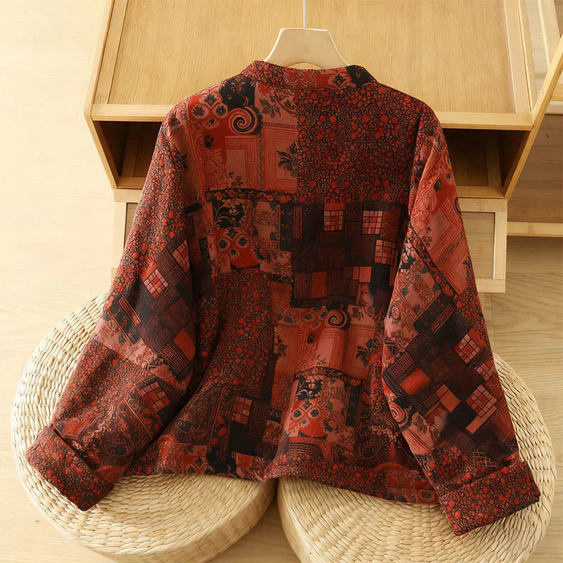 Buddha Stones Women's Ethnic Floral Long Sleeve Frog-buttons Cotton Thermal Jacket