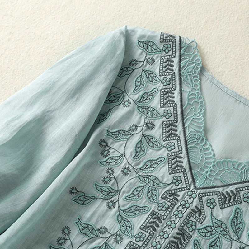 Buddha Stones Embroidered Lace Casual Women's Cotton Linen Half Sleeve T-shirt