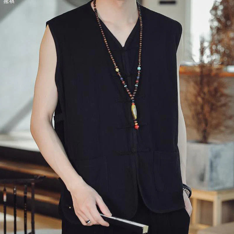 Buddha Stones Casual Chinese Frog-Button Men's Cotton Vest Waistcoat With Pockets