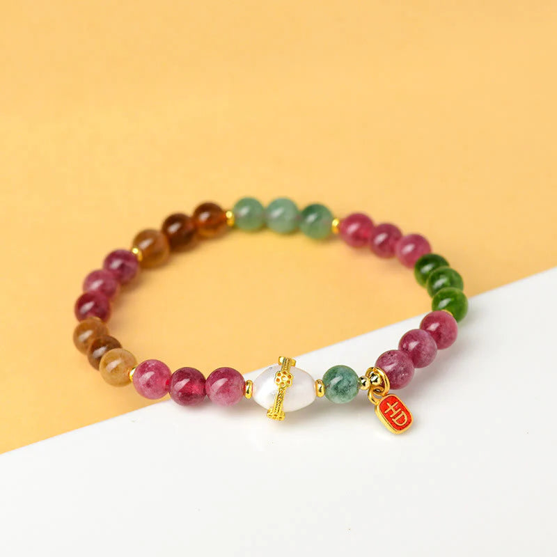Buddha Stones Natural Multicolored Tourmaline Pearl Auspicious Character Charm Wisdom Bracelet (Extra 35% Off | USE CODE: FS35)