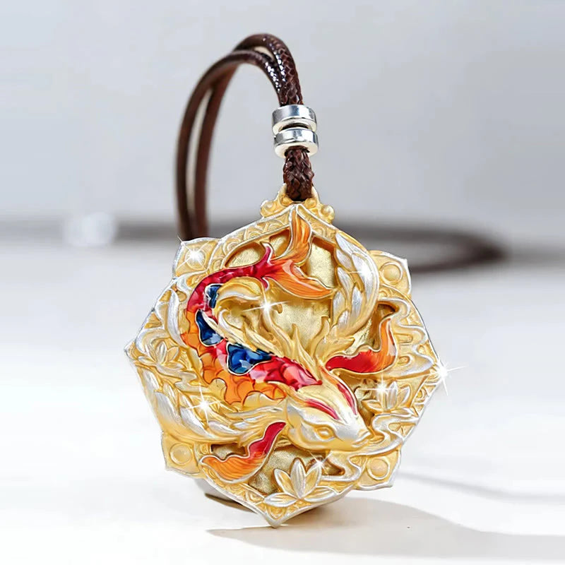 Buddha Stones 999 Sterling Silver Colorful Koi Fish Carved Luck Necklace Pendant