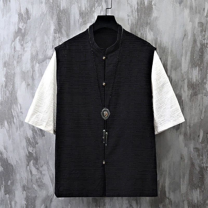 Buddha Stones Summer Patchwork Color Design Men's Half Sleeve Cotton Linen Shirt