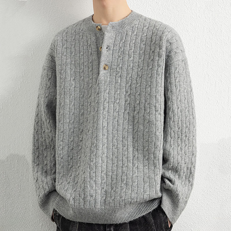Buddha Stones Winter Crew Neck Three Buttons Twisted Design Warm Men's Long Sleeve Knitted Sweater