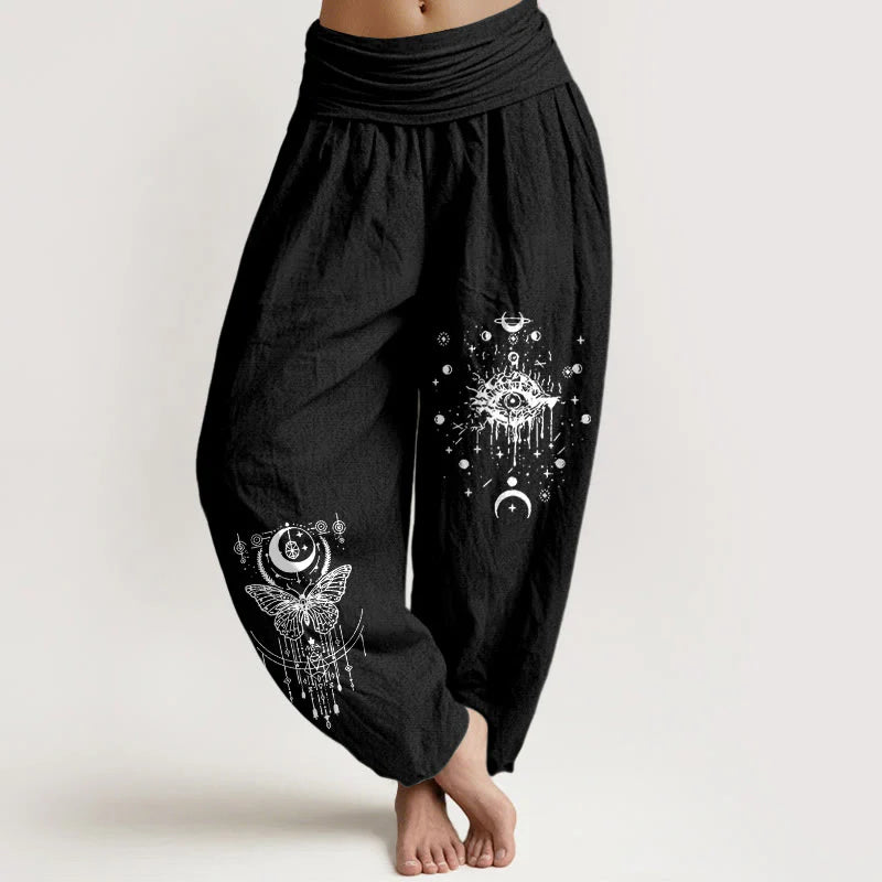 Buddha Stones Pure Cotton Minimalist Design Eye Moon Butterfly Pattern Women's Elastic Waist Harem Pants
