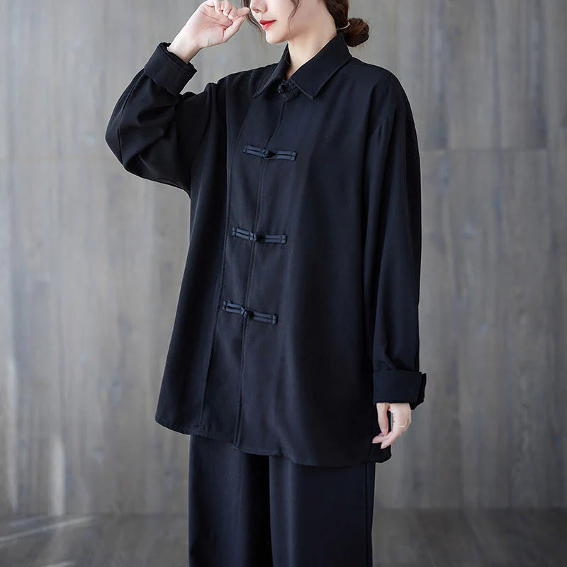 Buddha Stones Black Plain Frog-Button Lapel Women's Cotton Long Sleeve Shirt