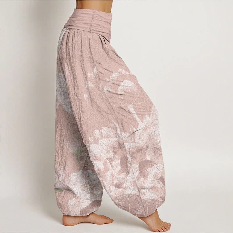 Buddha Stones Cotton Pink And White Lotus Women's Elastic Waist Harem Pants