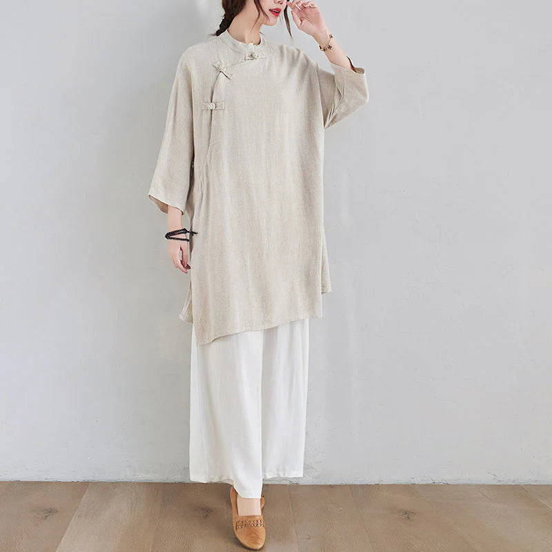 Buddha Stones 2Pcs Plain Design Zen Tai Chi Meditation Clothing Cotton Linen Top Pants Women's Set