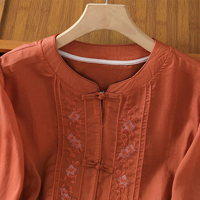 Buddha Stones Casual Embroidery Frog-Button Cotton Polyester Half Sleeve Women's Stand Collar Shirt